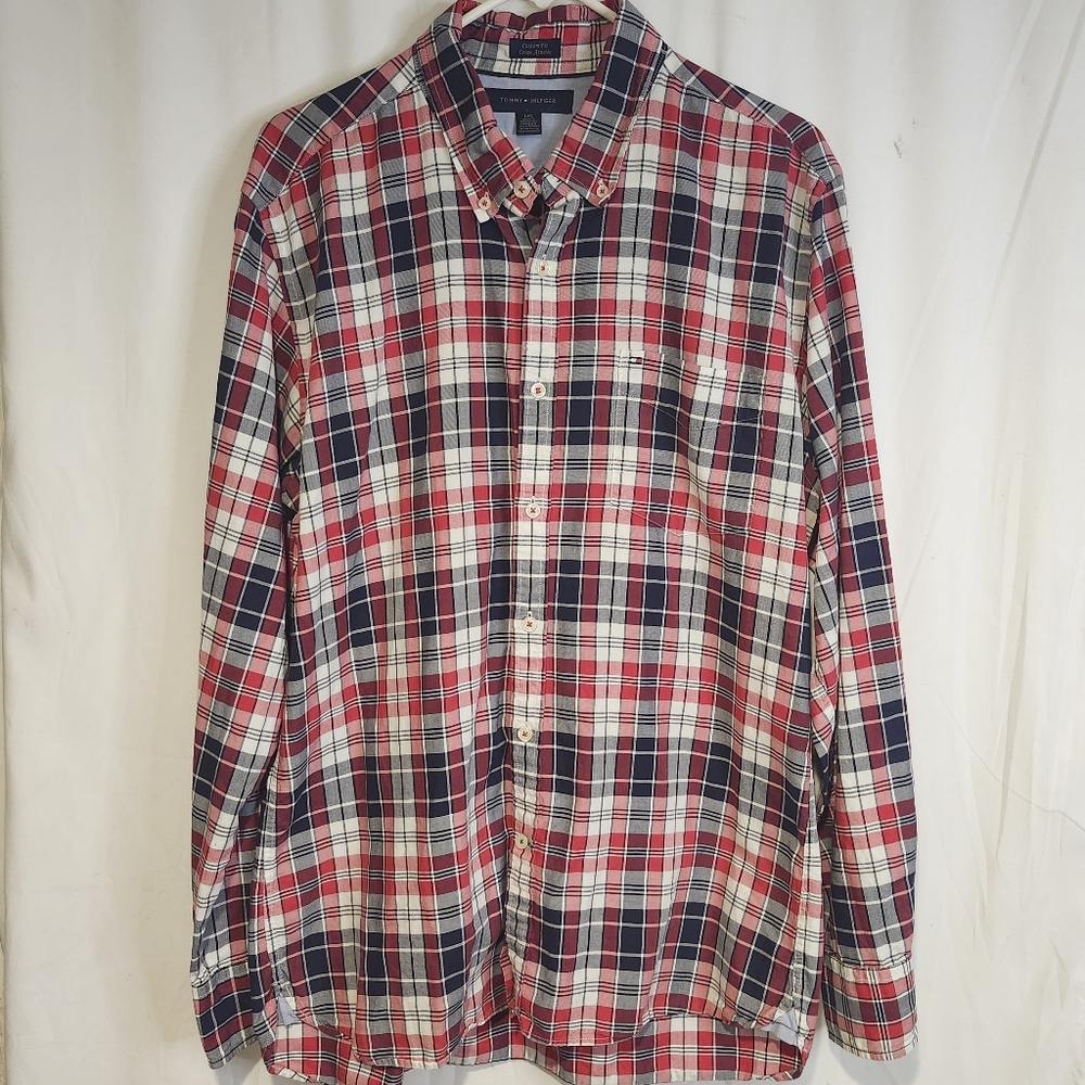 Tommy Red and Navy Plaid Button Down Casual Men Long Sleeve Size Large L Shirt